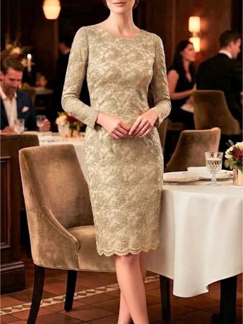 Lauren Ralph Lauren Metallic Lace Sheath Dress Gold/ Beige Size 6
